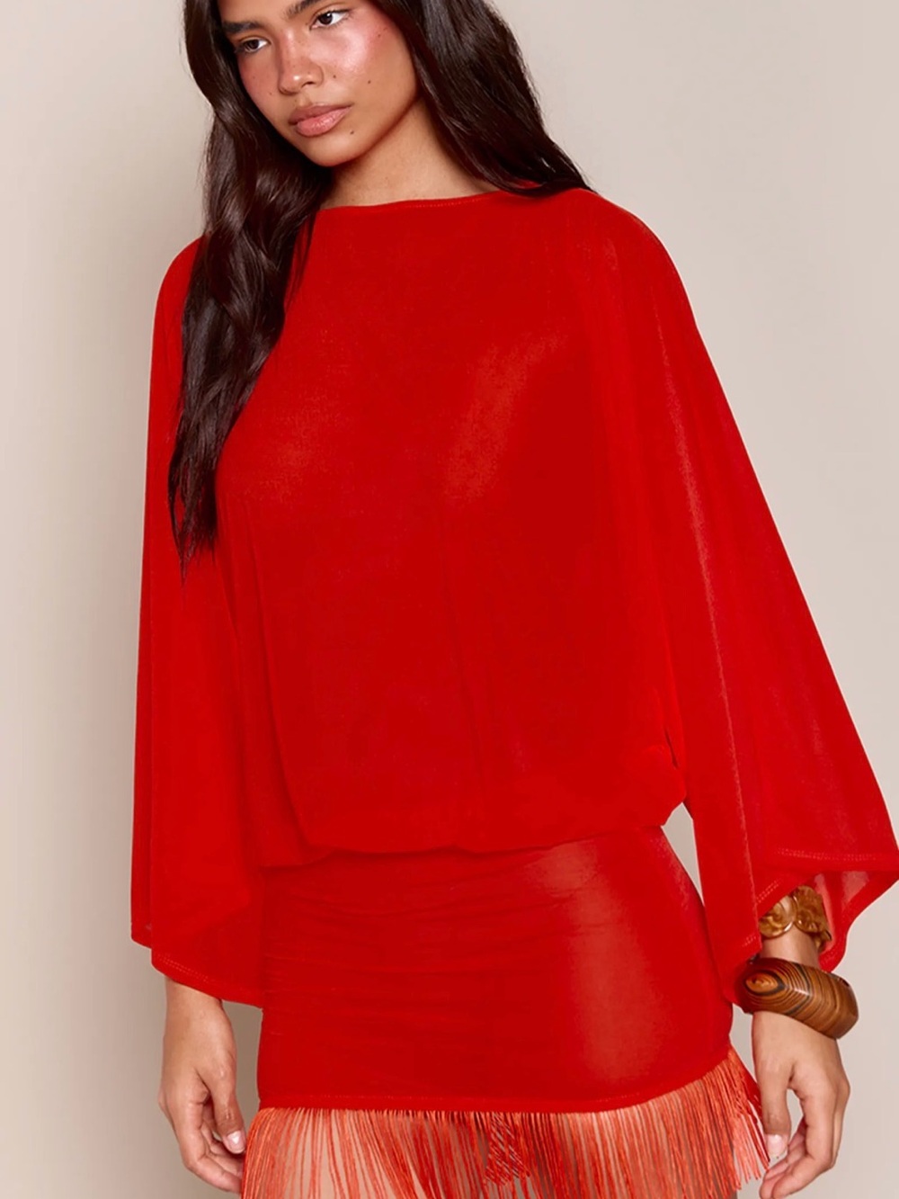 LONG SLEEVE FRINGE HEM MINI DRESS
